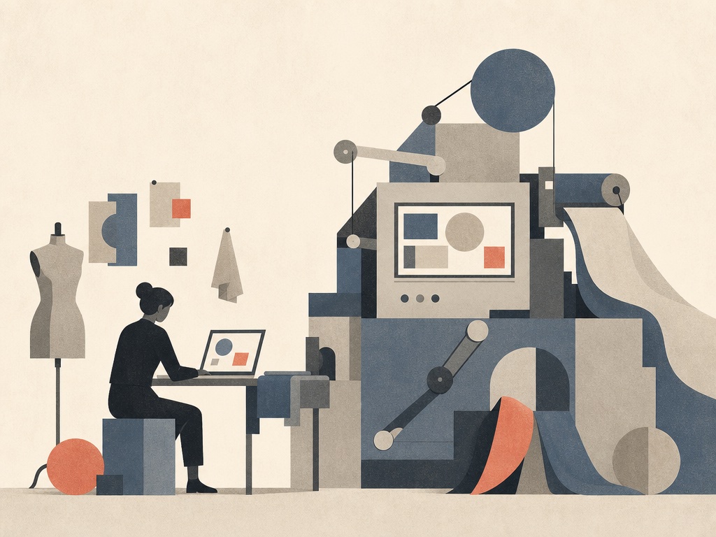 A solo founder silhouette working alongside an abstract machine in a fashion atelier