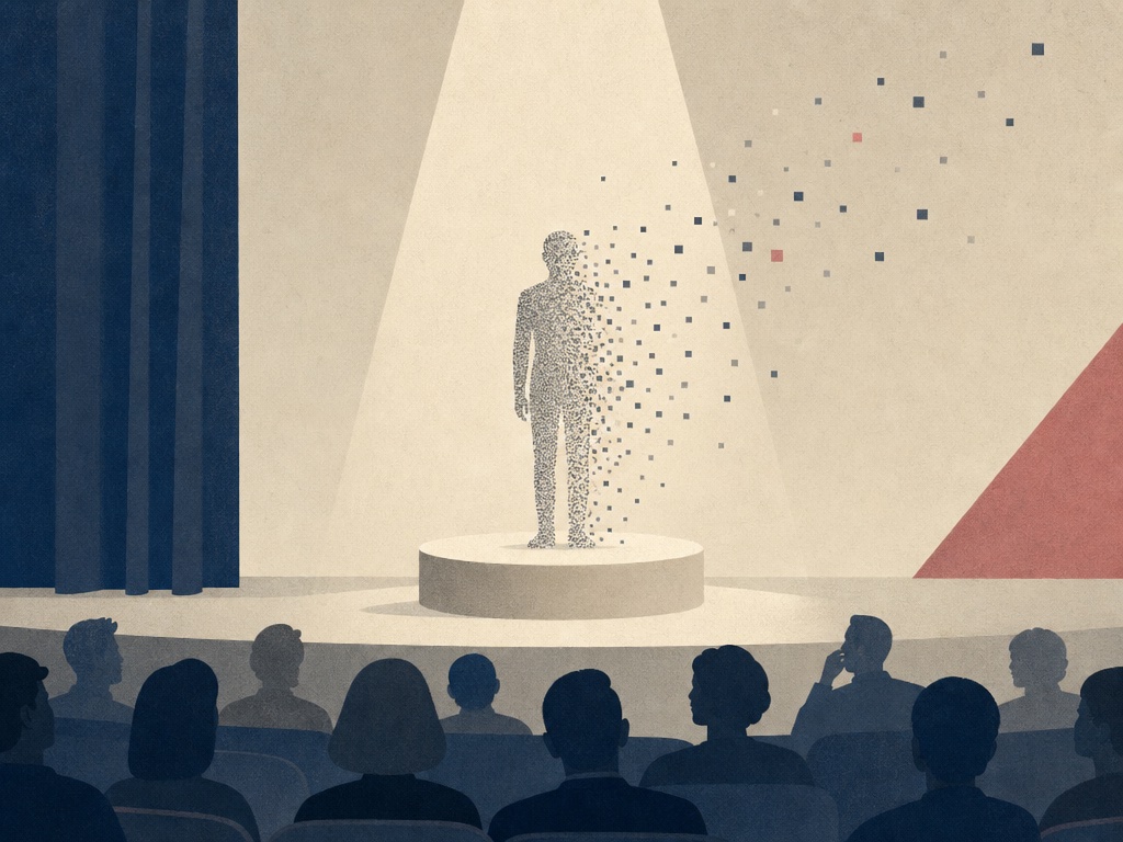A stage spotlight on a figure dissolving into static pixels