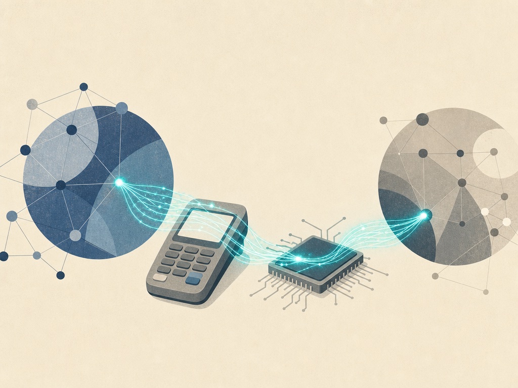 Two network nodes connected by a glowing pathway over a payment terminal and AI chip