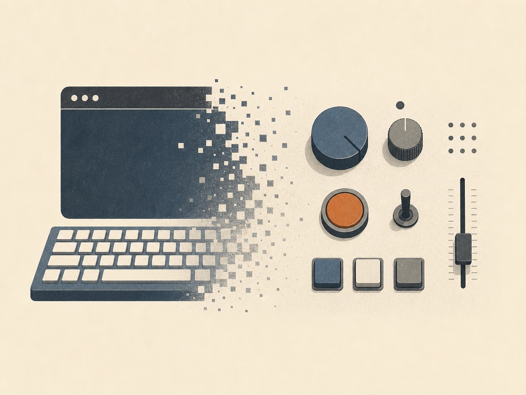 A keyboard dissolving into tactile buttons and dials