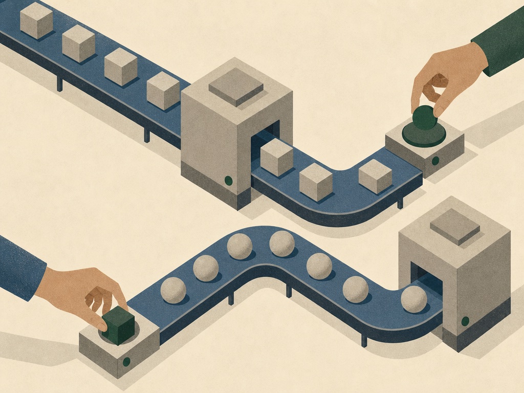 A factory floor with human hands reaching toward quality checkpoints