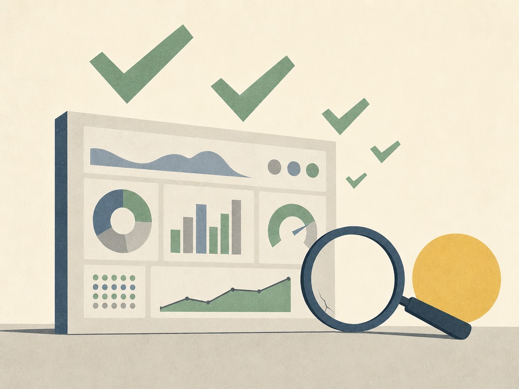 A dashboard with green checkmarks while a magnifying glass finds a hidden crack