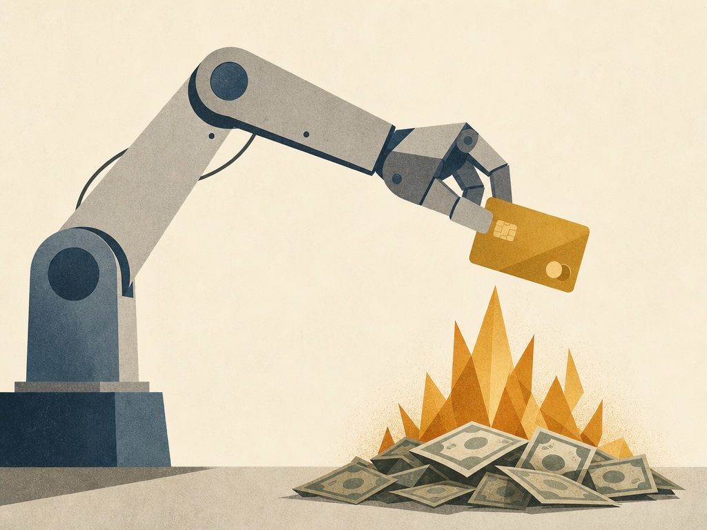 A robot arm holding a credit card over burning dollar bills