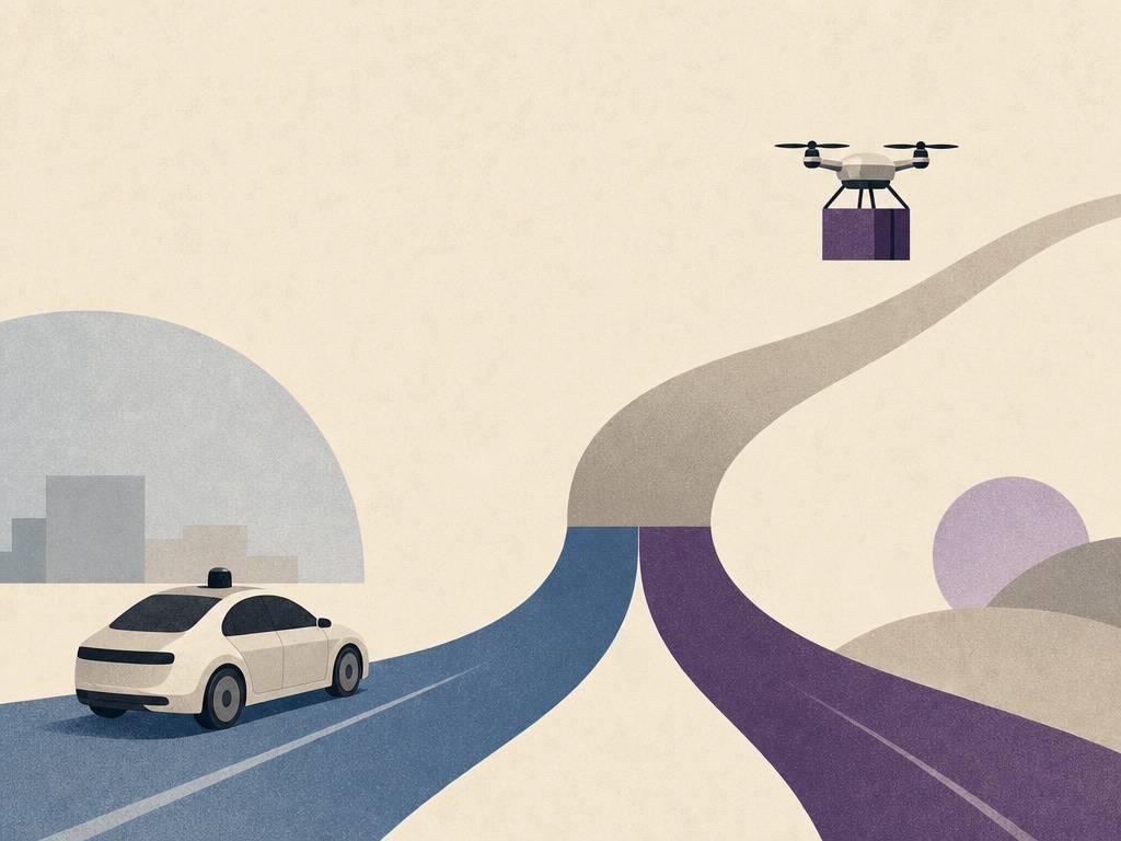 A self-driving car and drone merging onto one road