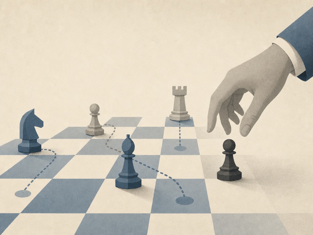 A chess board where pieces move themselves under a hovering hand