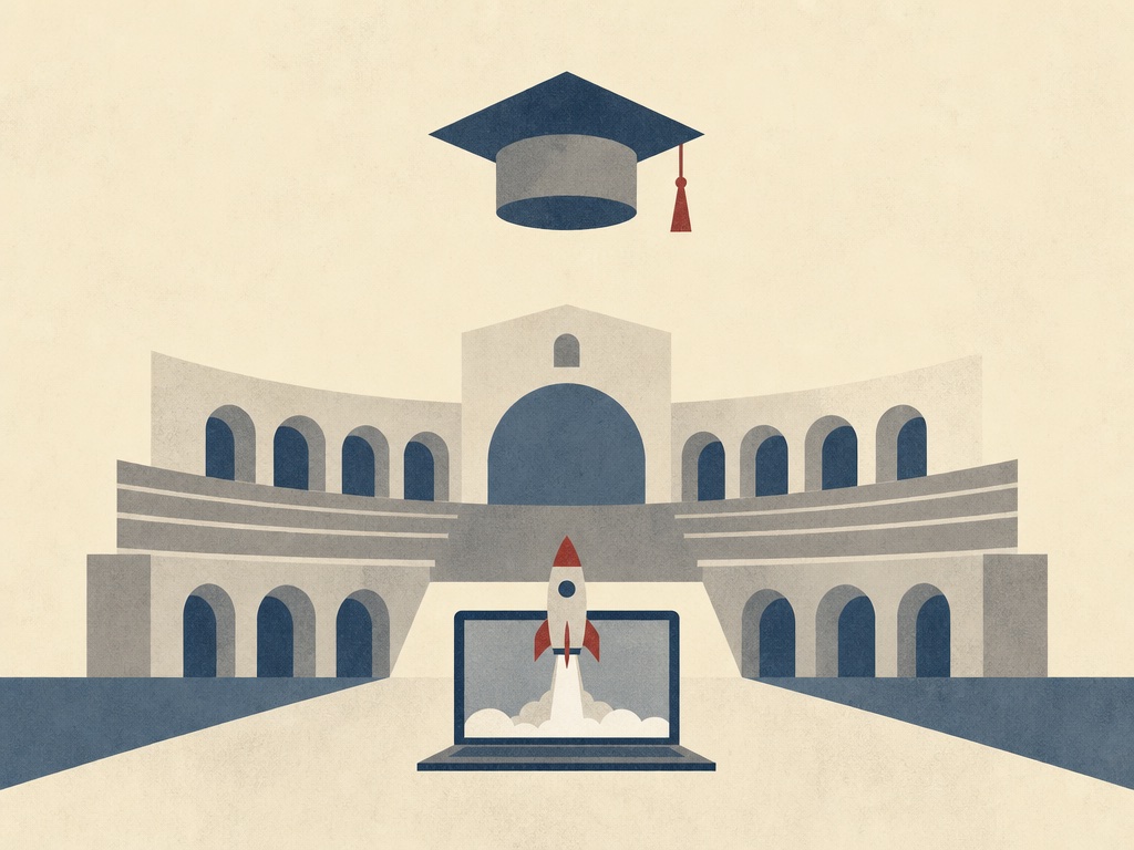 A university lecture hall with a rocket launching from a laptop