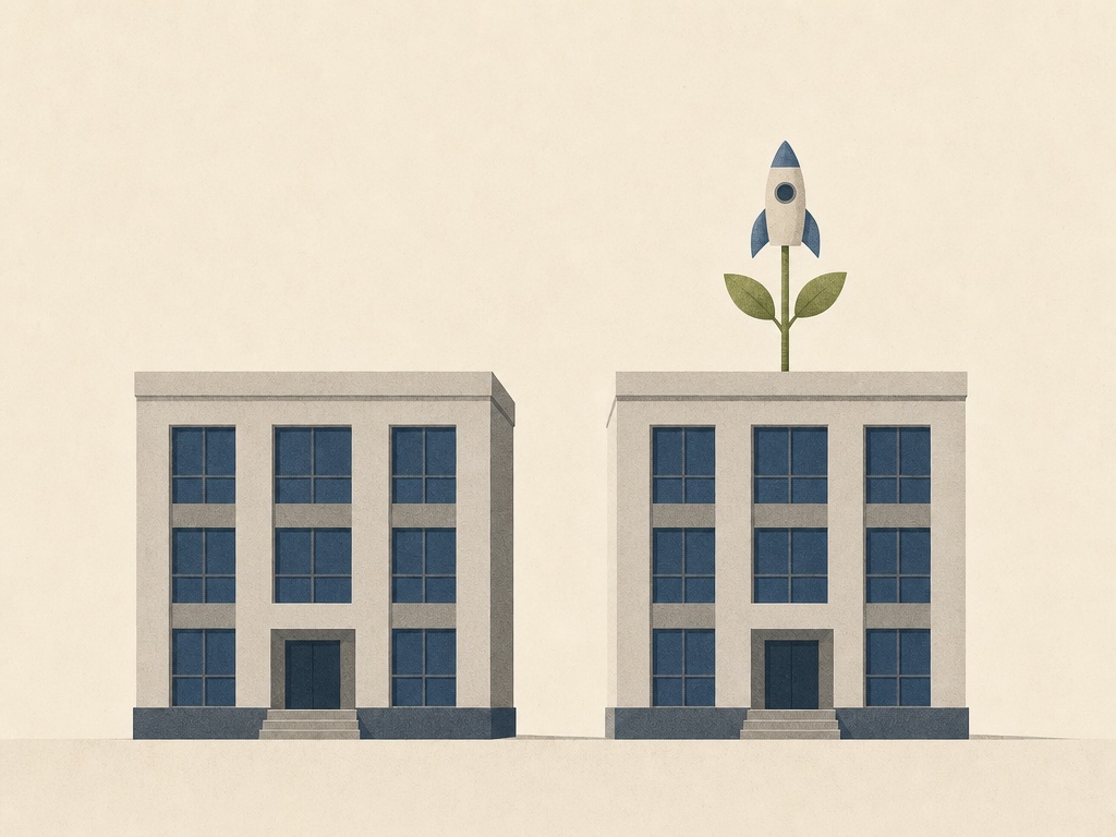 Two identical buildings where one has a rocket sprouting from the roof