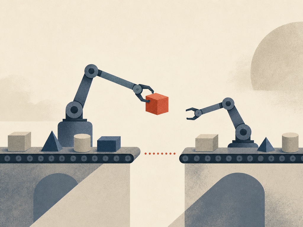 A conveyor belt with robotic arms handing off packages across a gap