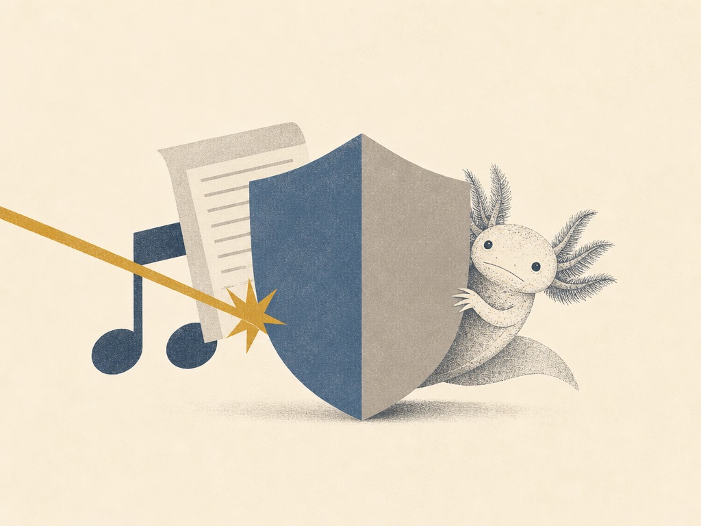 A music note and book page blocked by a shield with an axolotl peeking behind