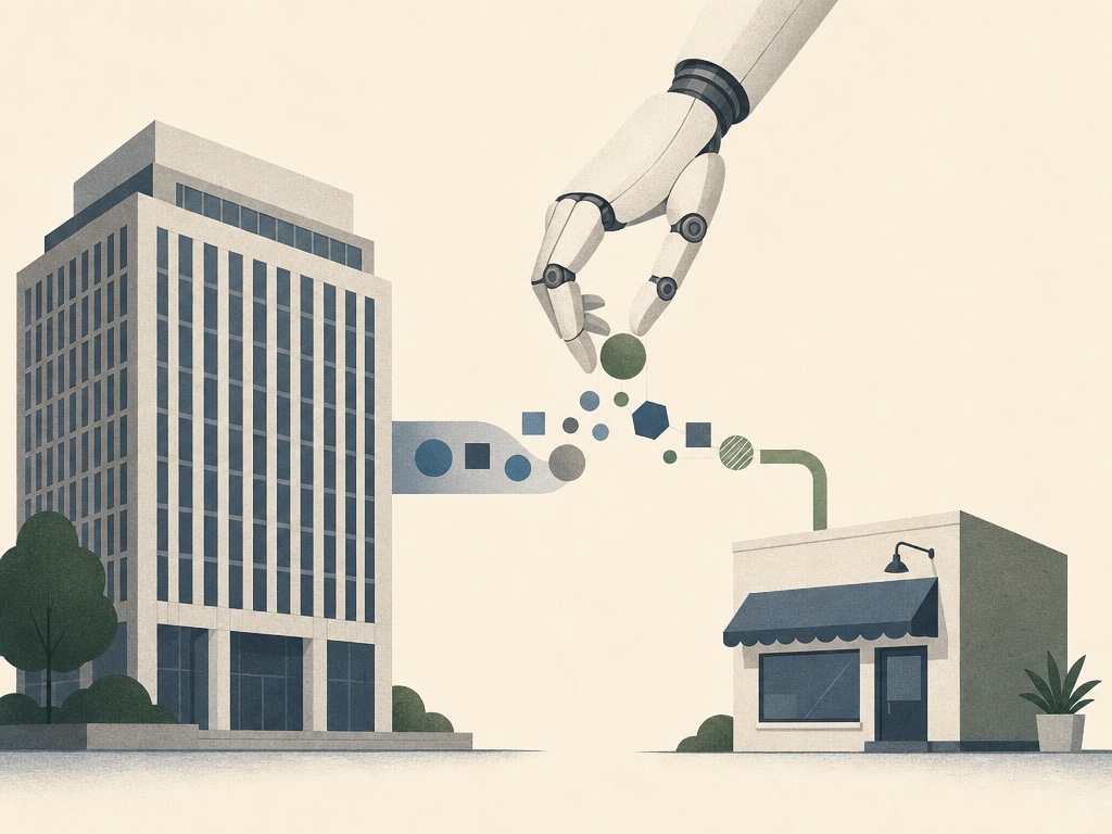 An office building and startup storefront connected by an AI hand through a data pipeline