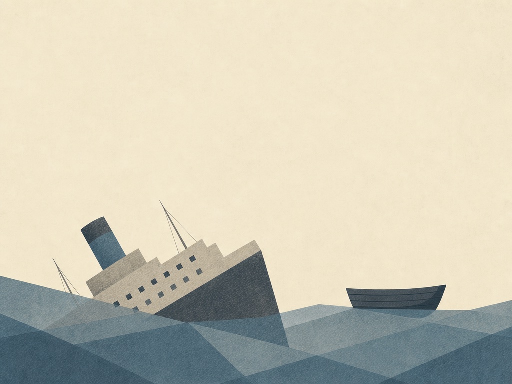 A ship sinking into geometric waves beside a floating lifeboat