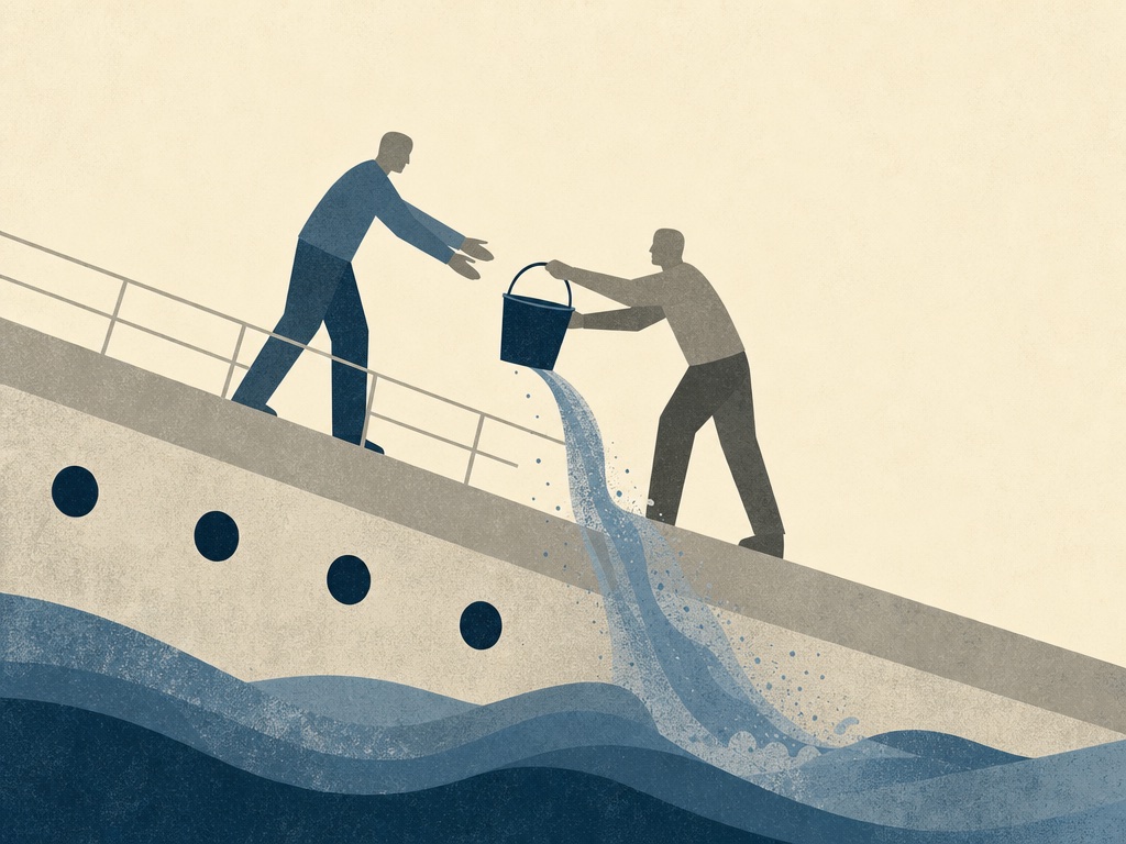 Silhouettes passing a bucket on a ship taking on water