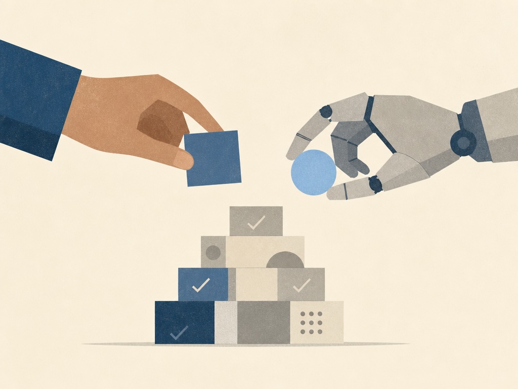 A human hand and robotic hand exchanging task boxes over completed work