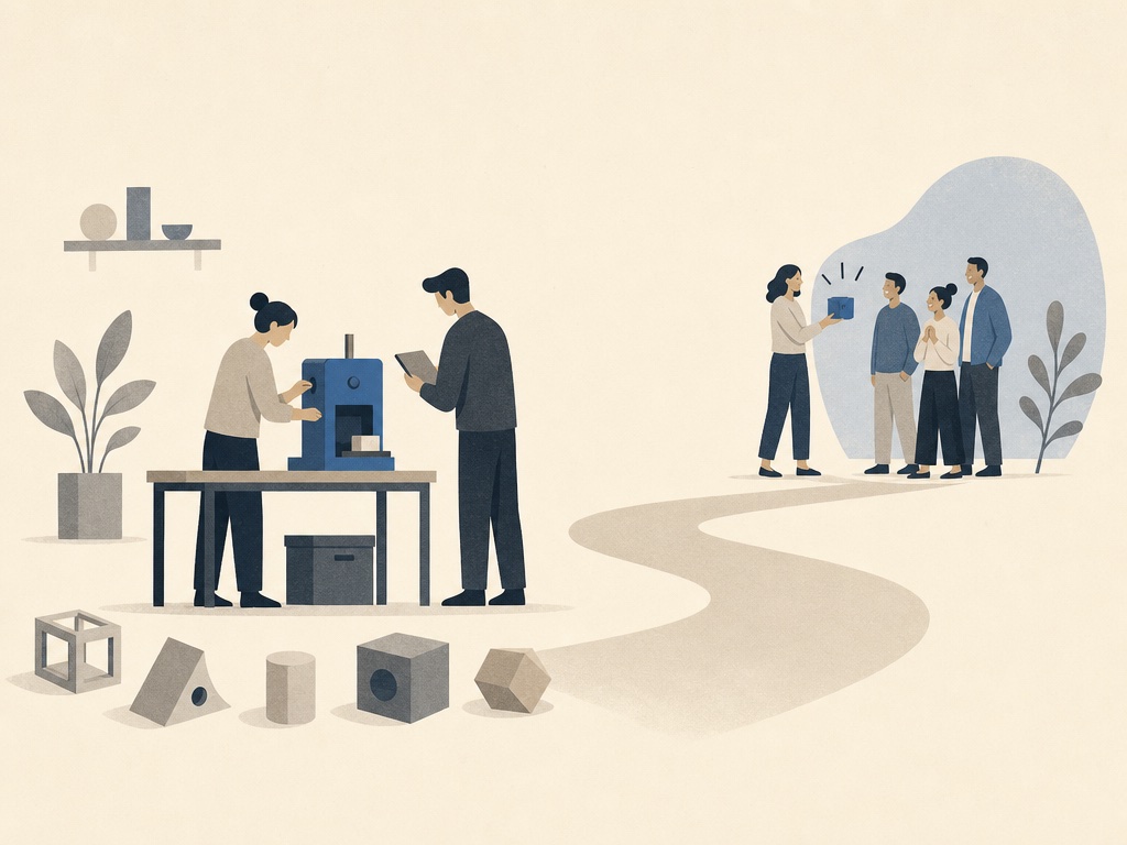 Two founders test a small machine beside discarded prototypes and a group of customers.