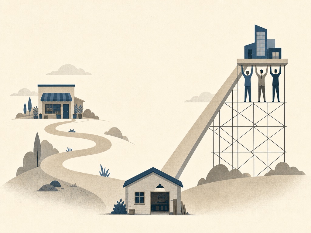 A workshop connects to a steady small business on one path and a rapidly rising scaffold on another.