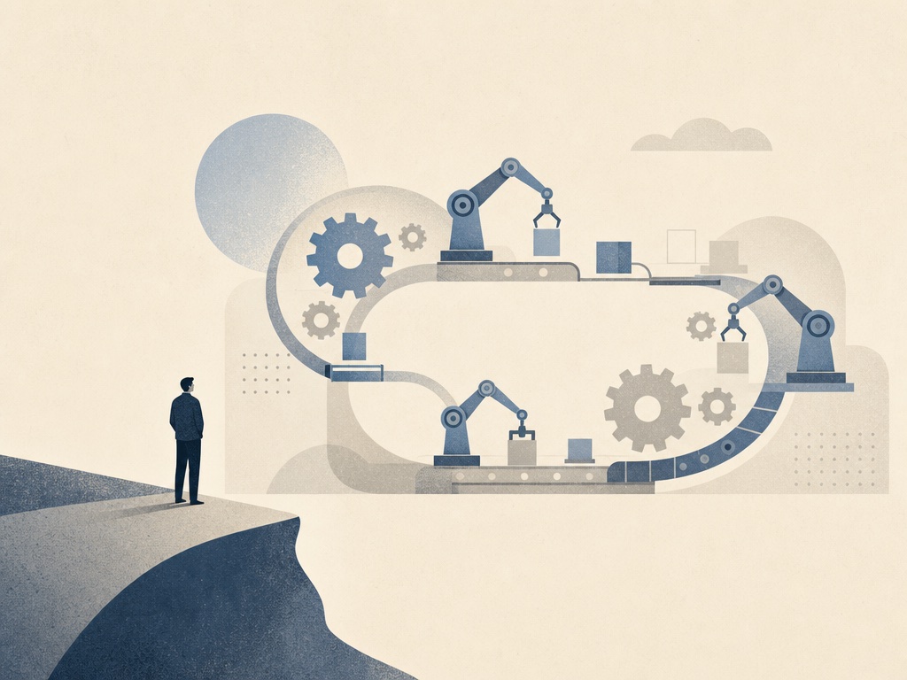 AI agents working in a software factory, editorial illustration